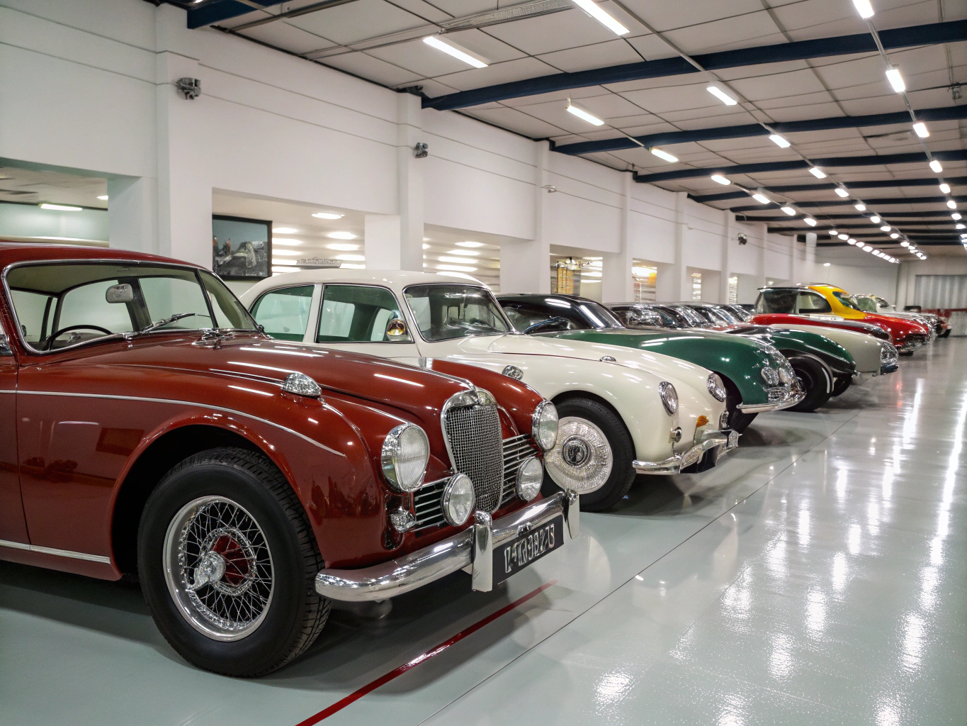 Classic motorcars parked inside dehumidified timber-framed facility