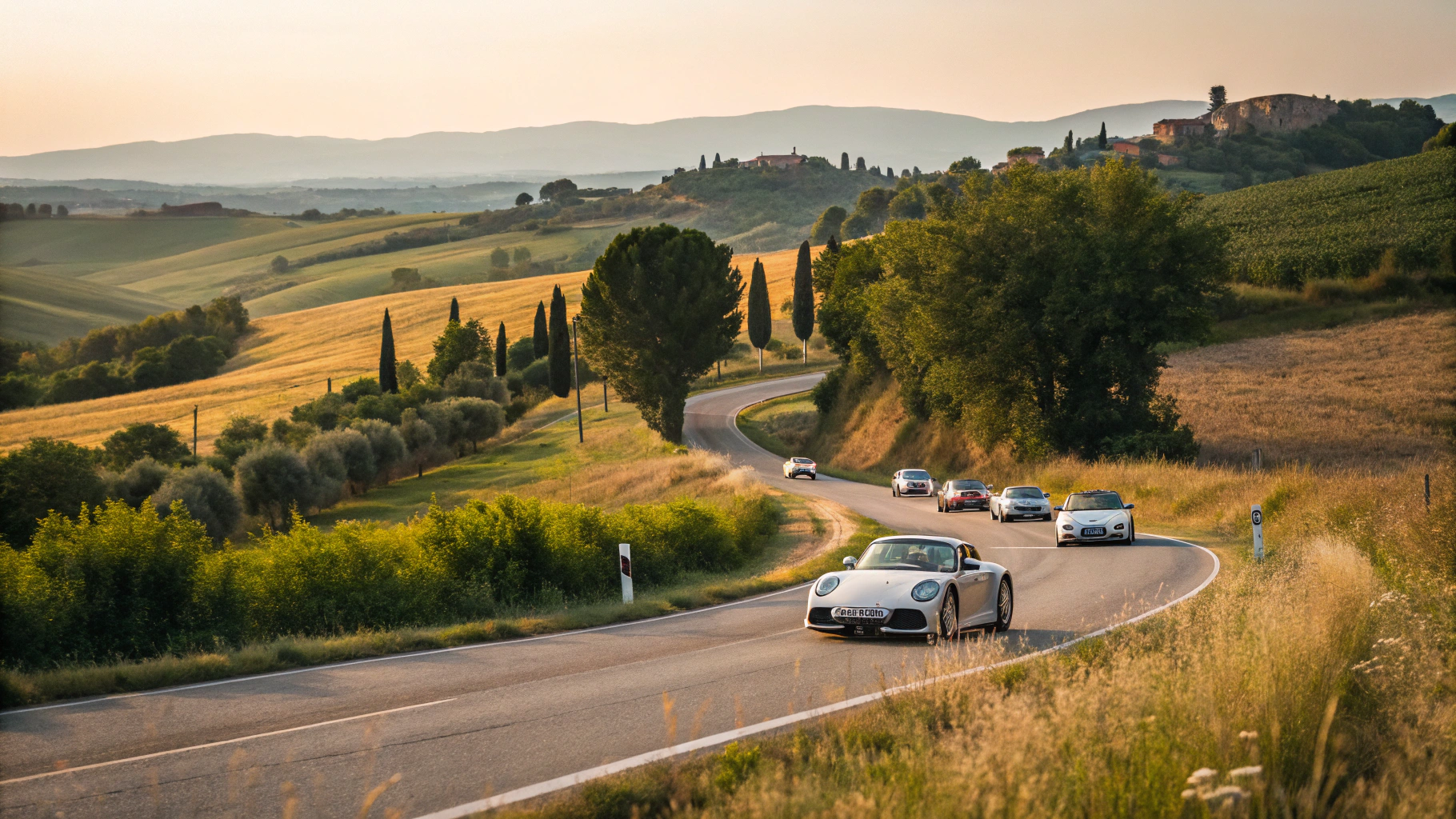 Video production crew filming a vintage Porsche on an open mountain road