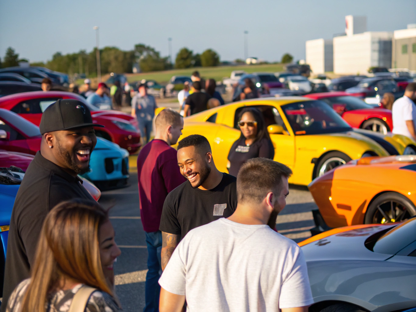 Classic car owners chatting near open sports car engine bay