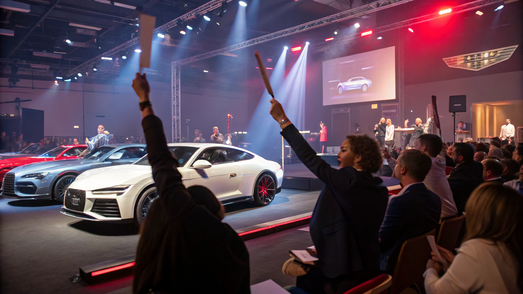 Live auctioneer taking bids on stage with vintage sports car in background