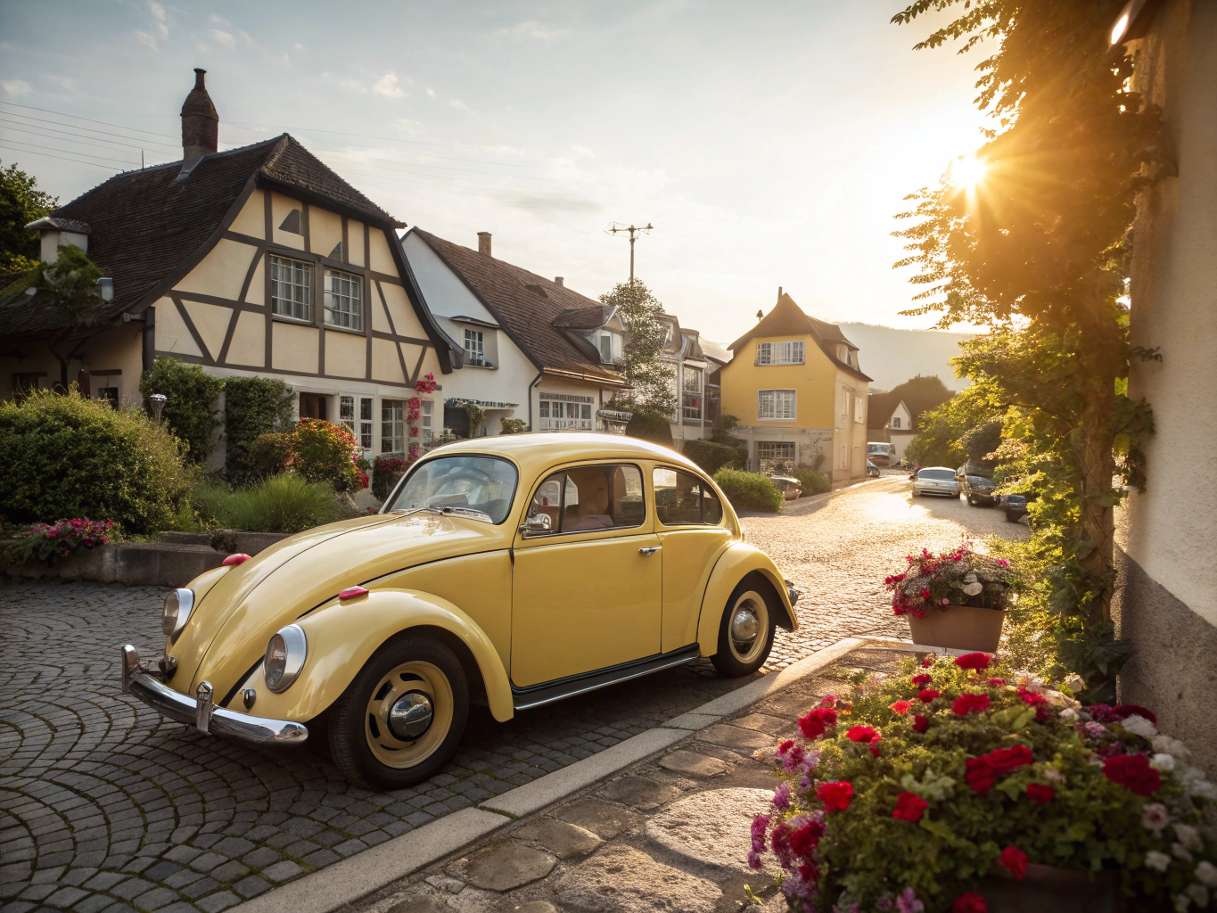 Red vintage Volkswagen Karmann Ghia on cobblestone