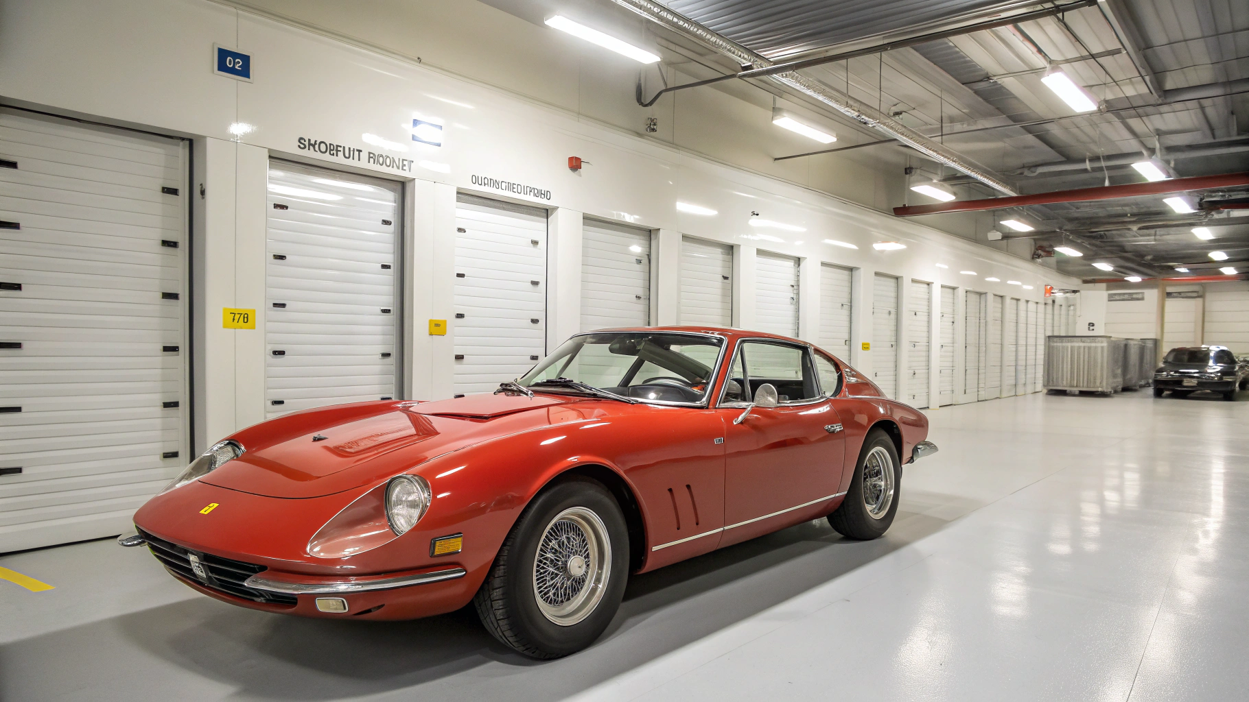 Specialist supercar connected to intelligent battery tender in secure storage facility