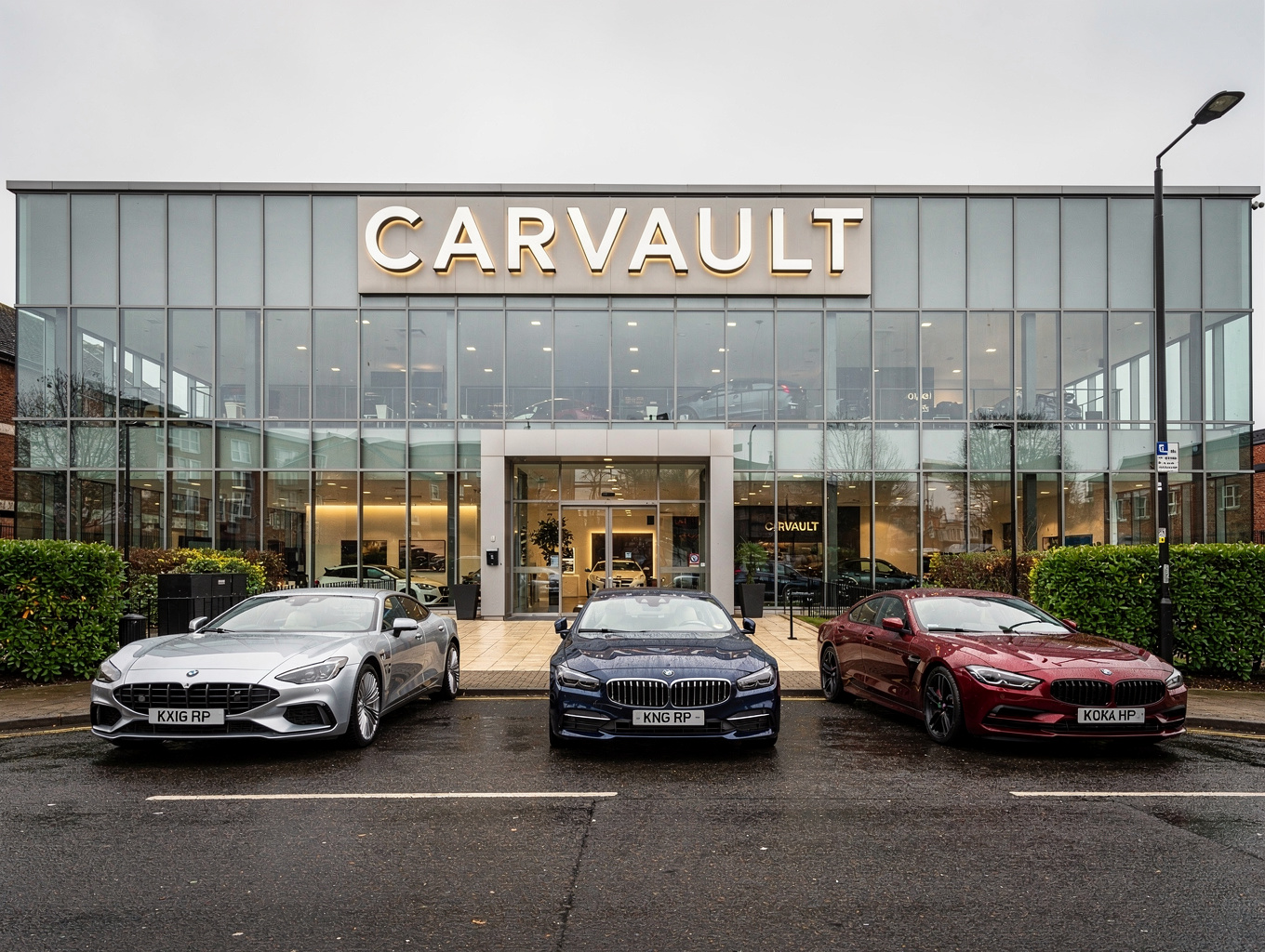 Row of modern performance cars under tailored covers in high-grade vault