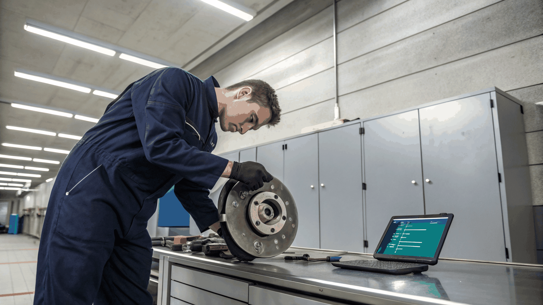 Specialist mechanic measuring brake rotor runout on hydraulic lift