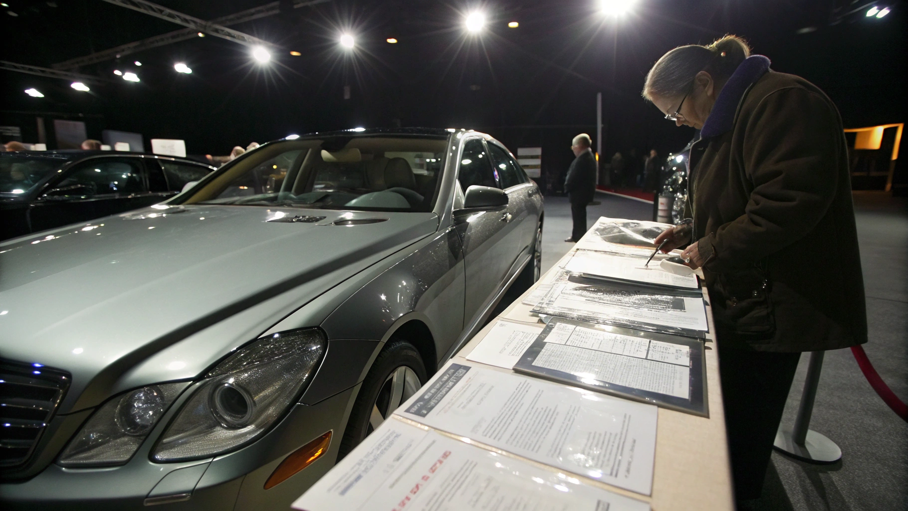 Assessor reviewing provenance documents and valuation certificates on a collector vehicle