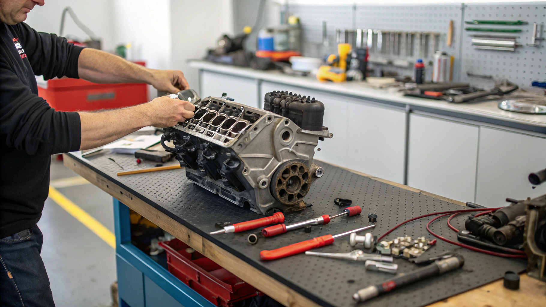 Video production camera focused on vintage race engine rebuild