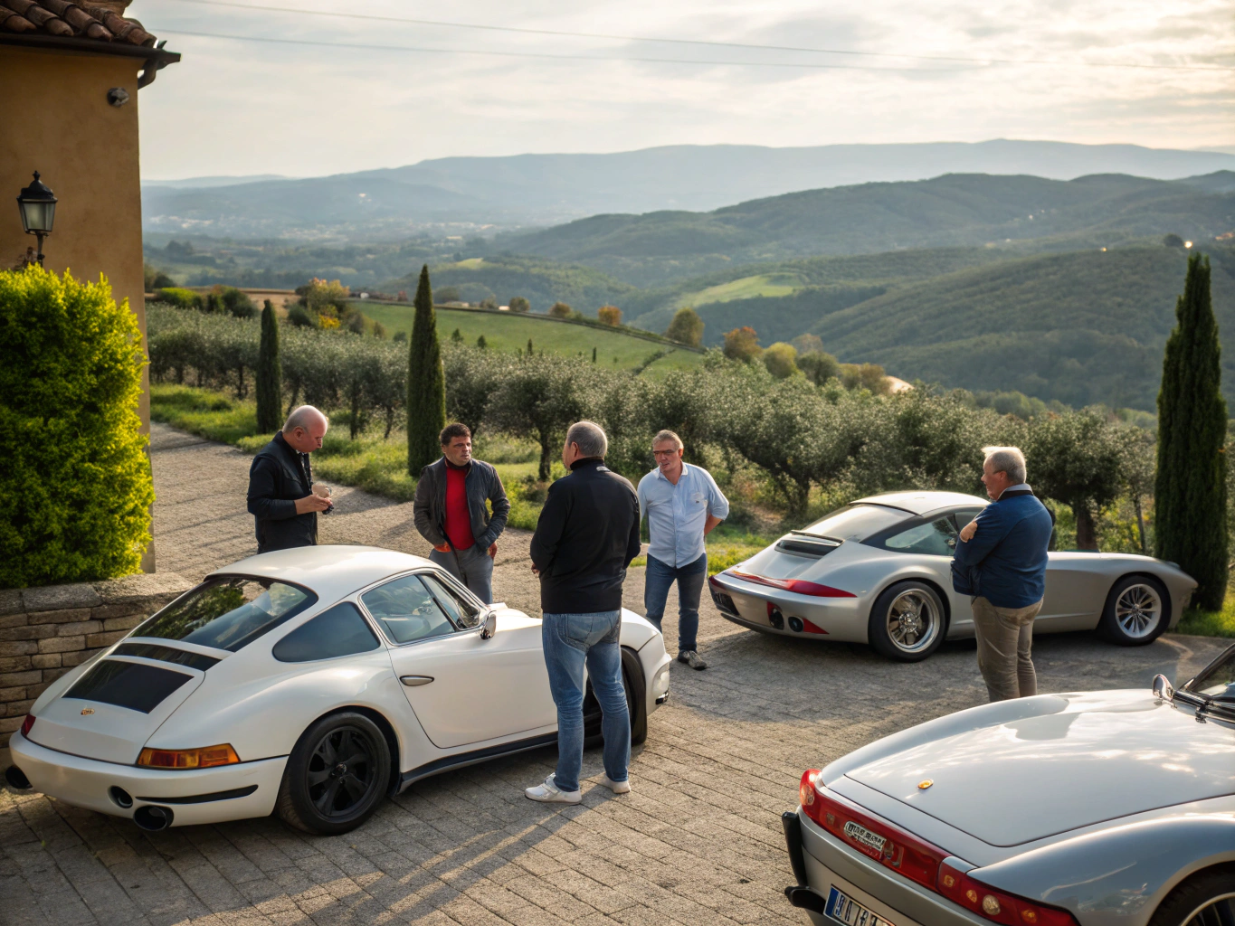 Dozens of Porsche cars parked on grass park venue